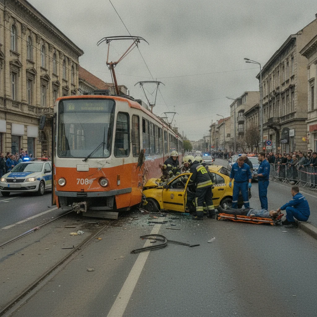 Accident în Timișoara: Taxi și tramvai implicate, șofer descarcerat